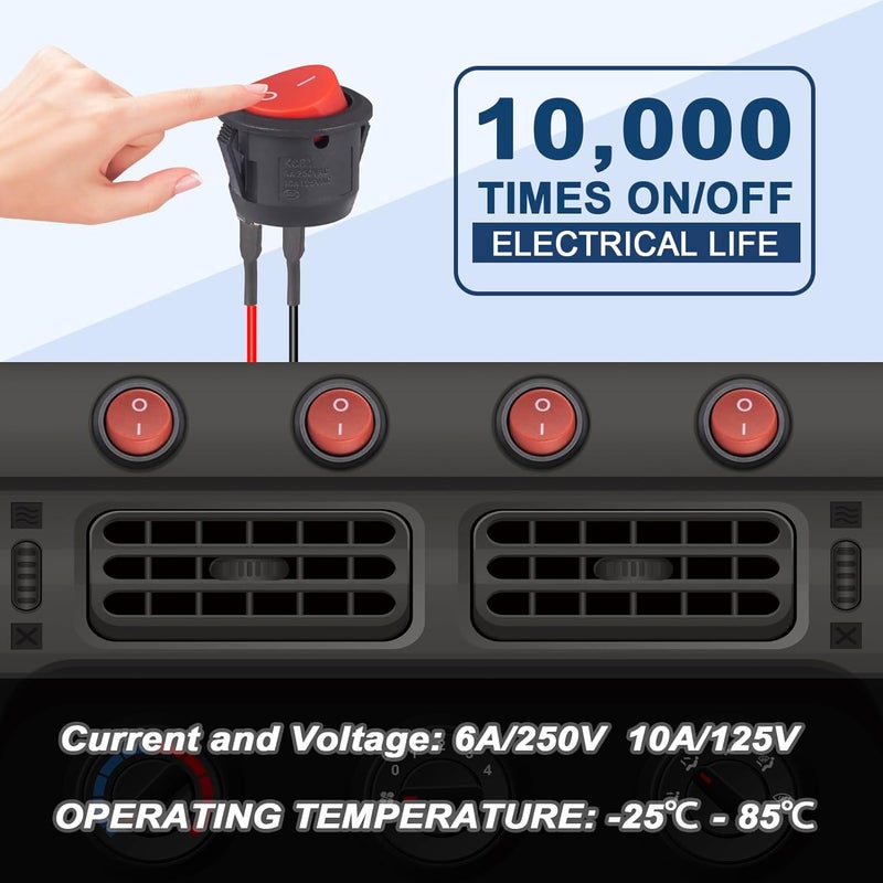 VEXUNGA Round Rocker Switch 12V ON Off Switches Small Mini 12Volt Toggle Switch 2Pin AC 6A 250V 10A 125V 12VDC KCD1 Red for Car Automotive Boat (5Pcs with Leads 5Pcs Without Wires) - Image 5